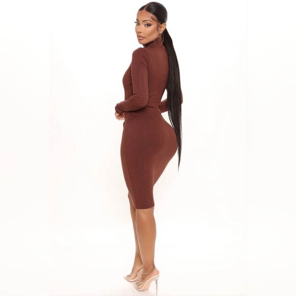 Bodycon Midi Dress Longsleeve Brown - Picture 2 of 8